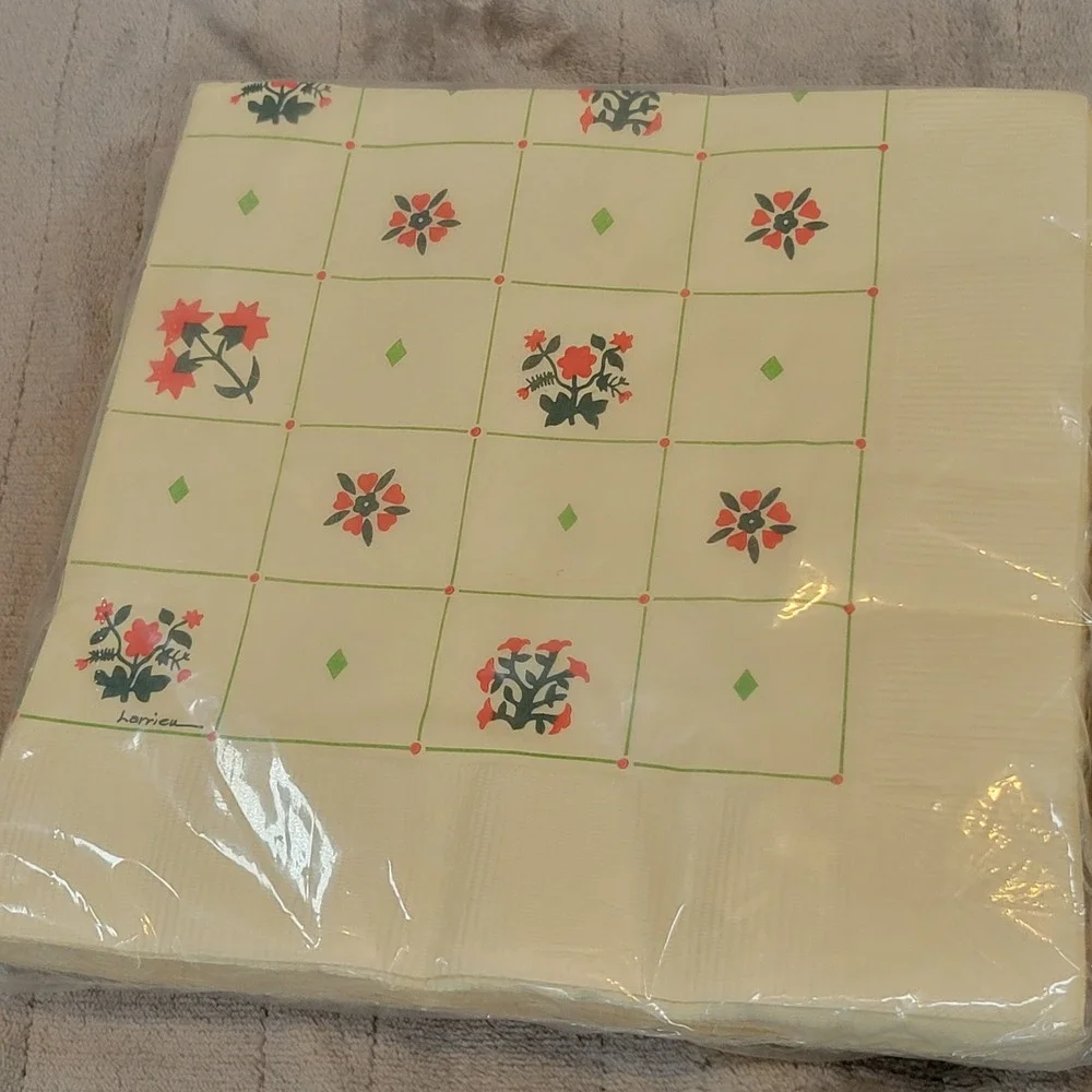 VTG Contempo Floral Paper Napkins Set 40ct Cream‎ Red Green 3-Ply USA Made NEW